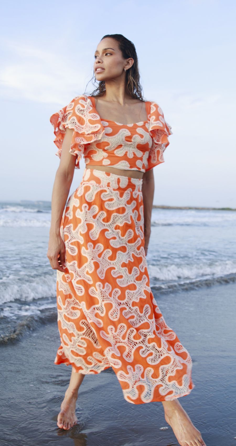 Set Top Mangas Falda Midi Naranja Andrea Tovar