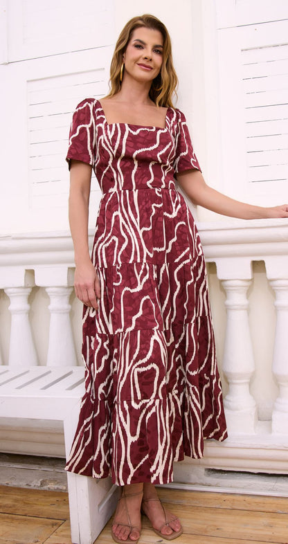 Vestido Midi Mangas Vinotinto Caro Cruz