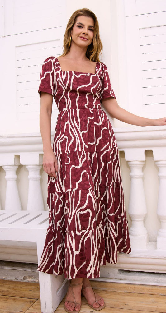 Vestido Midi Mangas Vinotinto Caro Cruz
