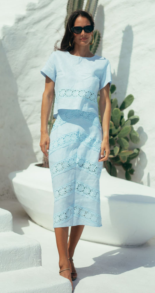 Set Camisa Falda Midi Baby Blue