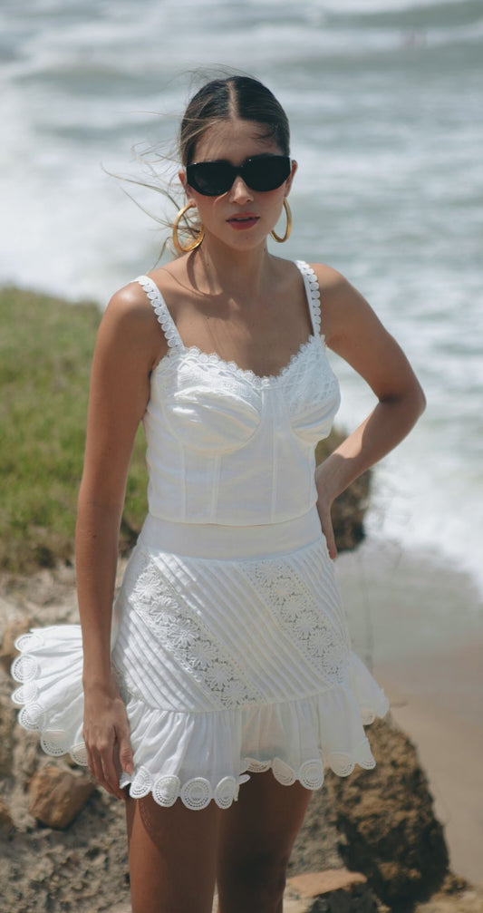 Set Cocas Falda Corta Alforzas Lino Blanco