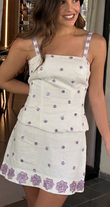 Set Falda Corta Top Straple Bordado Lino Blanco