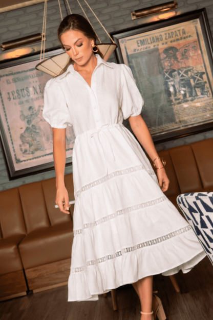 Vestido Mangas Blanco Midi Lino - VESTIDOS - Duo Mar